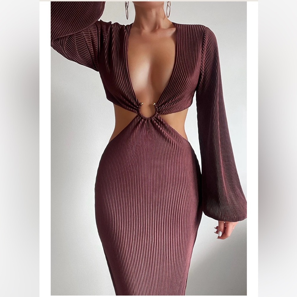 Brown Long Sleeve V Neck Cut Out Midi Dress